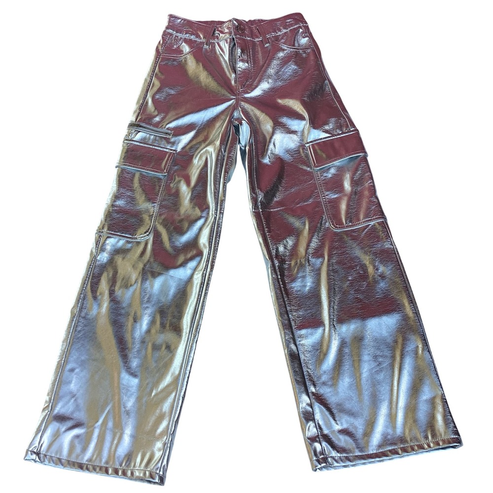 No Boundaries Metallic Silver Cargo Pants Wide Leg Faux Leather Festival S 4-6